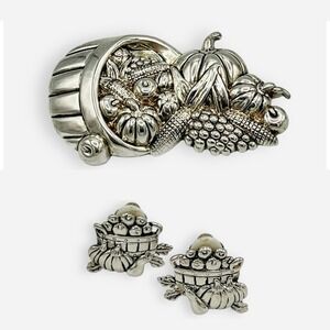 Vintage Cornucopia Best Brooch Pendant MJ Marie Jennifer Earrings Silver Pumpkin
